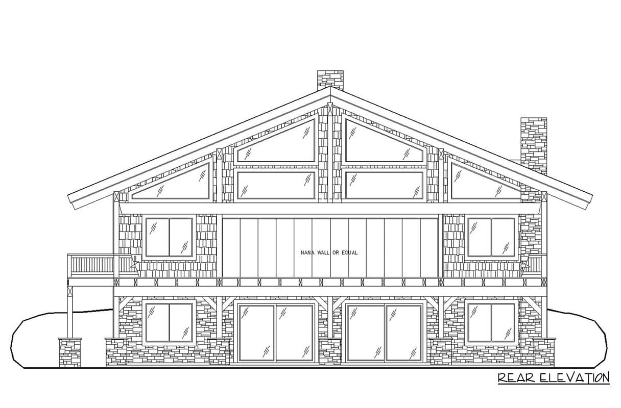 Rear elevation house plan shows a two-story home with stone and shingle siding, large windows, and a prominent gable roof.