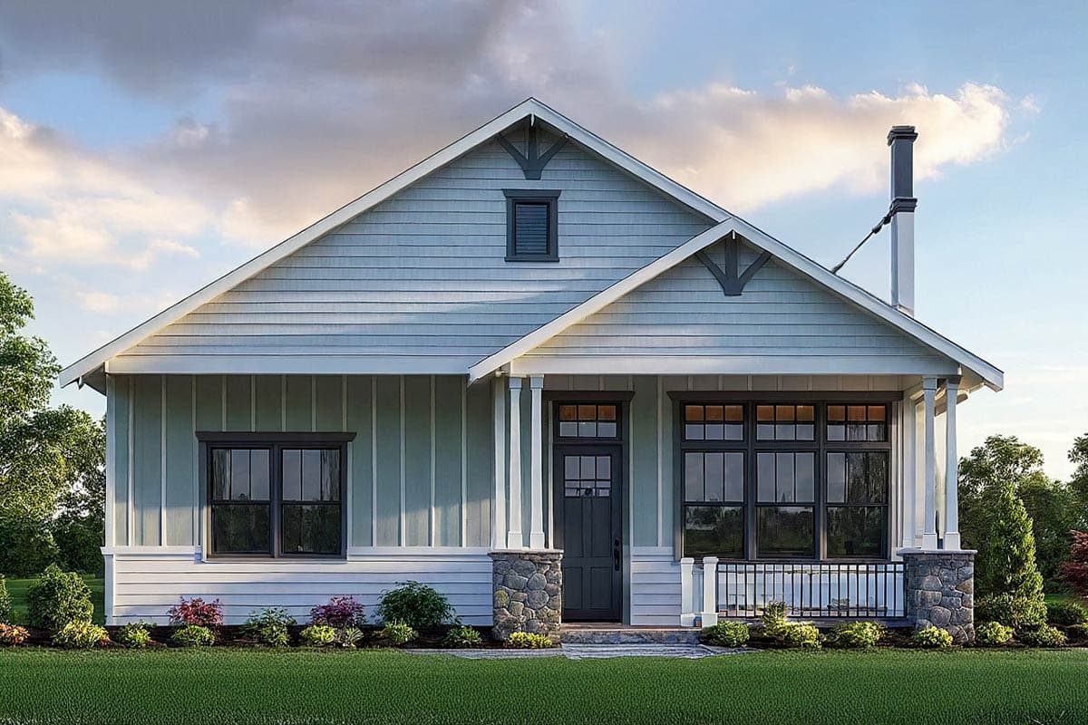 House plan exterior featuring a Craftsman style. One-story home with a gabled roof, front porch, and stone-clad porch columns.
