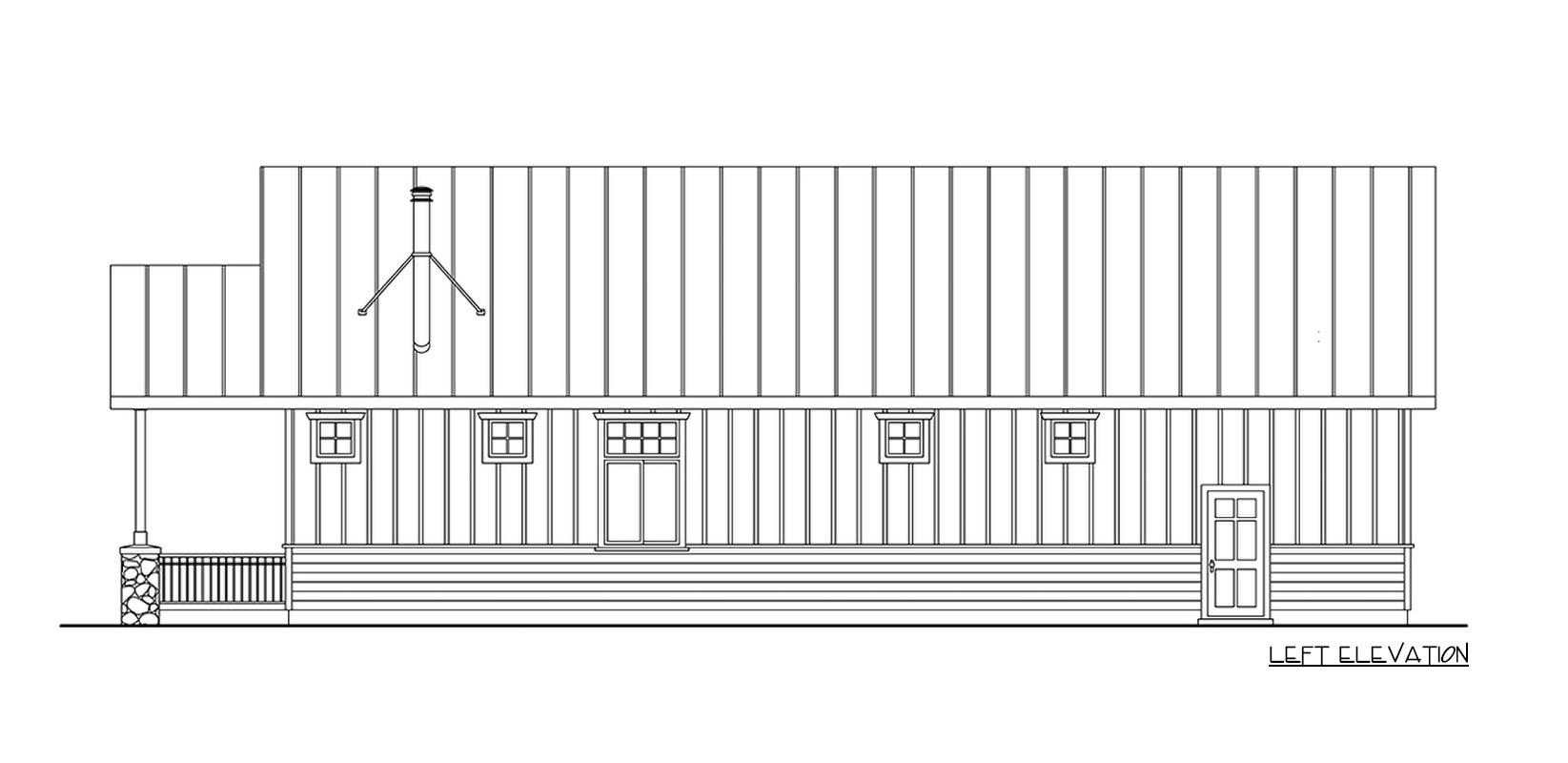 Left elevation drawing of a house plan featuring a gable roof, porch with stone support, and vertical siding.