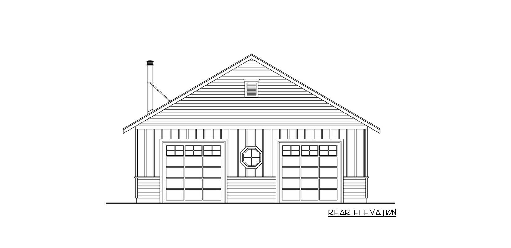 Rear elevation drawing of a garage with two overhead doors, a dormer, and a chimney.