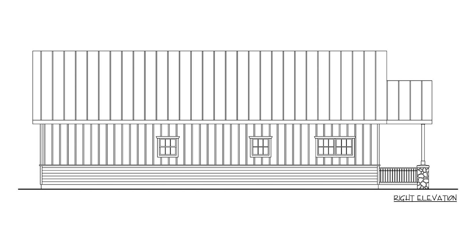 Right elevation of a house plan showing vertical siding, three windows, and a small porch with stone pillars.
