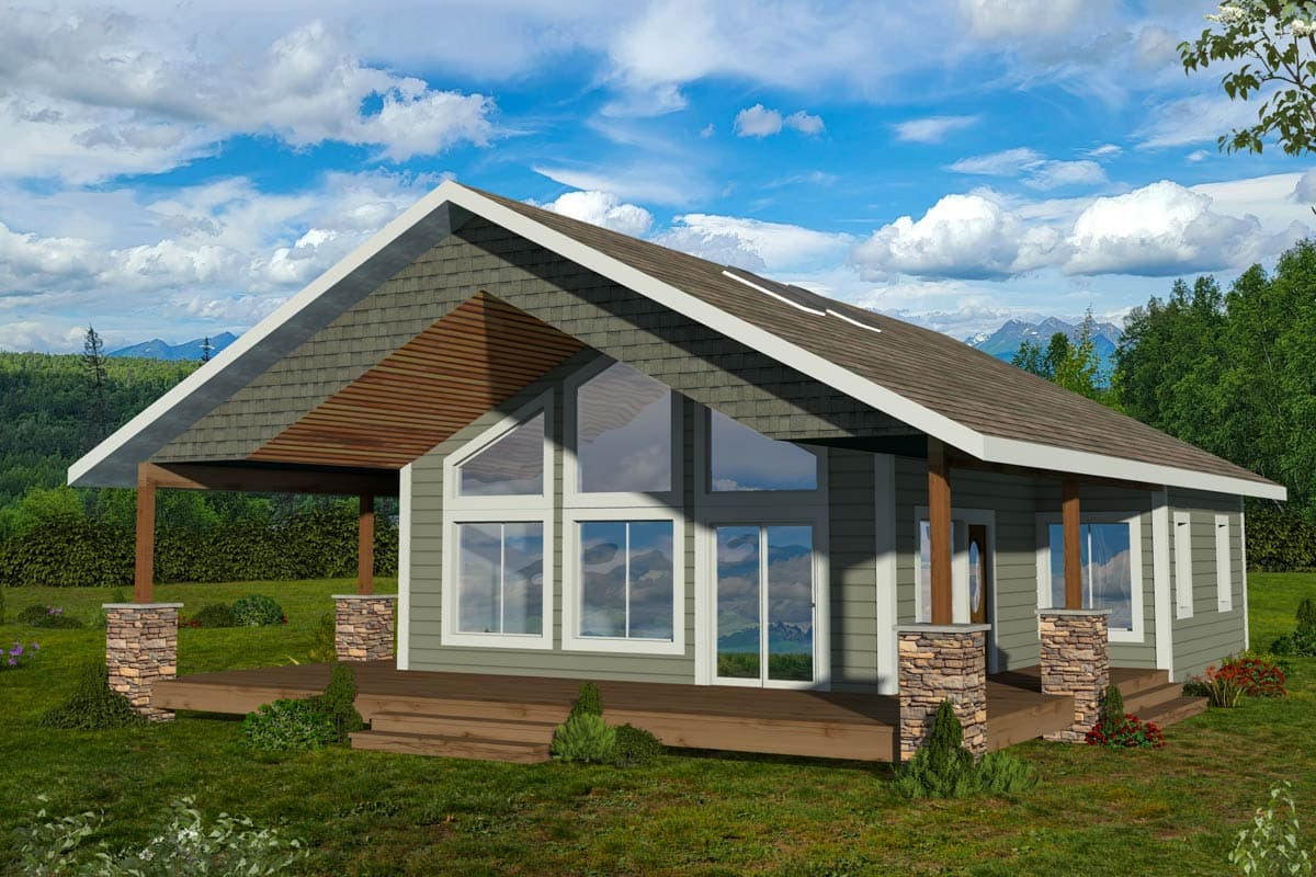 House plan exterior with a single story, gable roof, and front porch with stone-covered columns. Large windows and wood beam accents are visible.