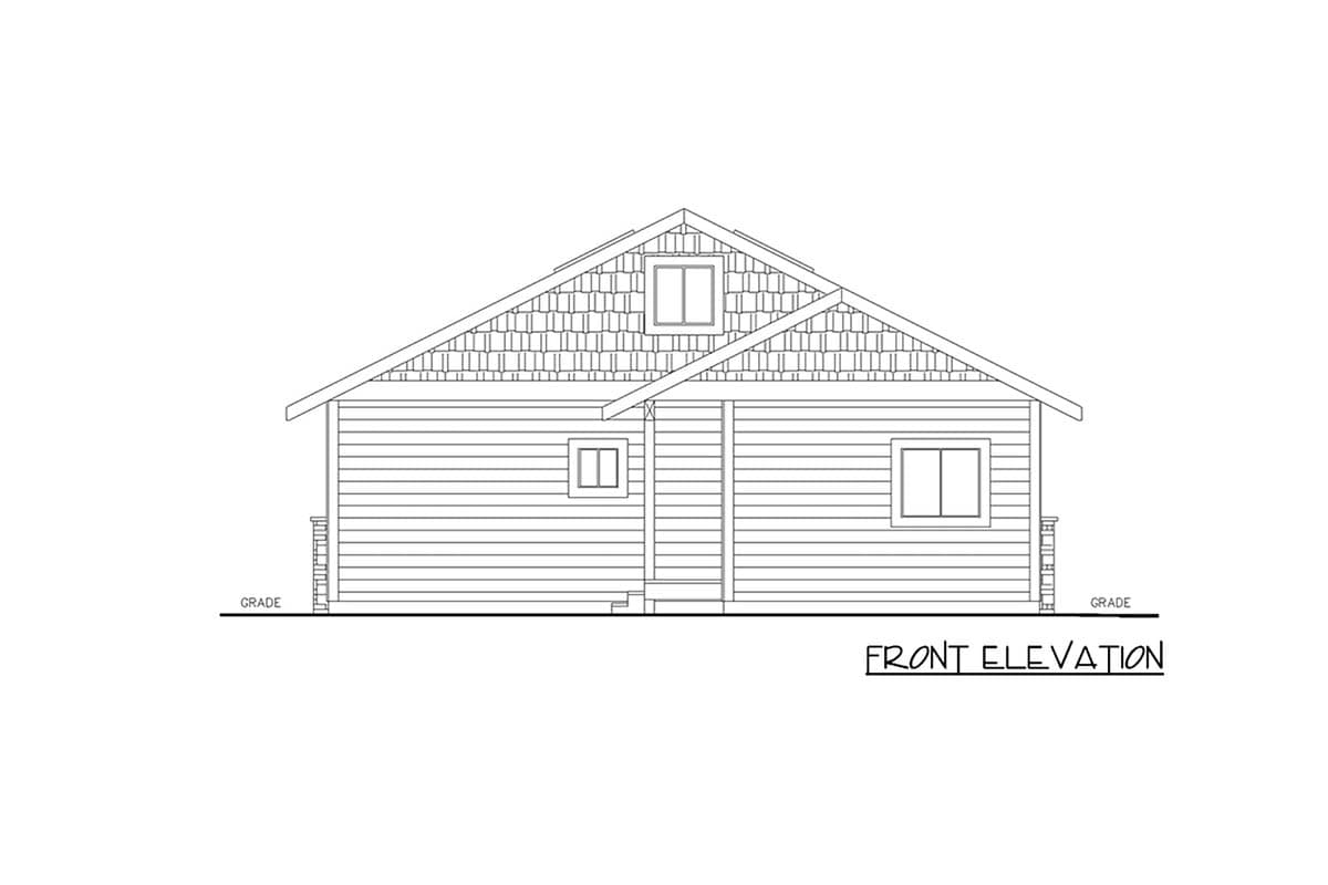 Front elevation house plan showing a single-story home with horizontal siding, decorative gables, and a dormer window.