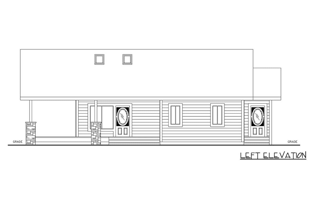 Left elevation house plan showing a covered porch with stone-clad columns, a front door with sidelights, and vinyl siding.