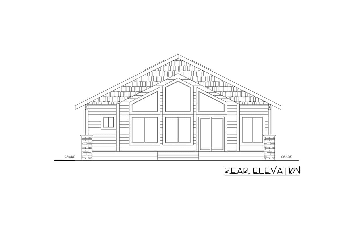 Rear elevation house plan, one story, with large gabled dormer, multiple windows, and covered porch.