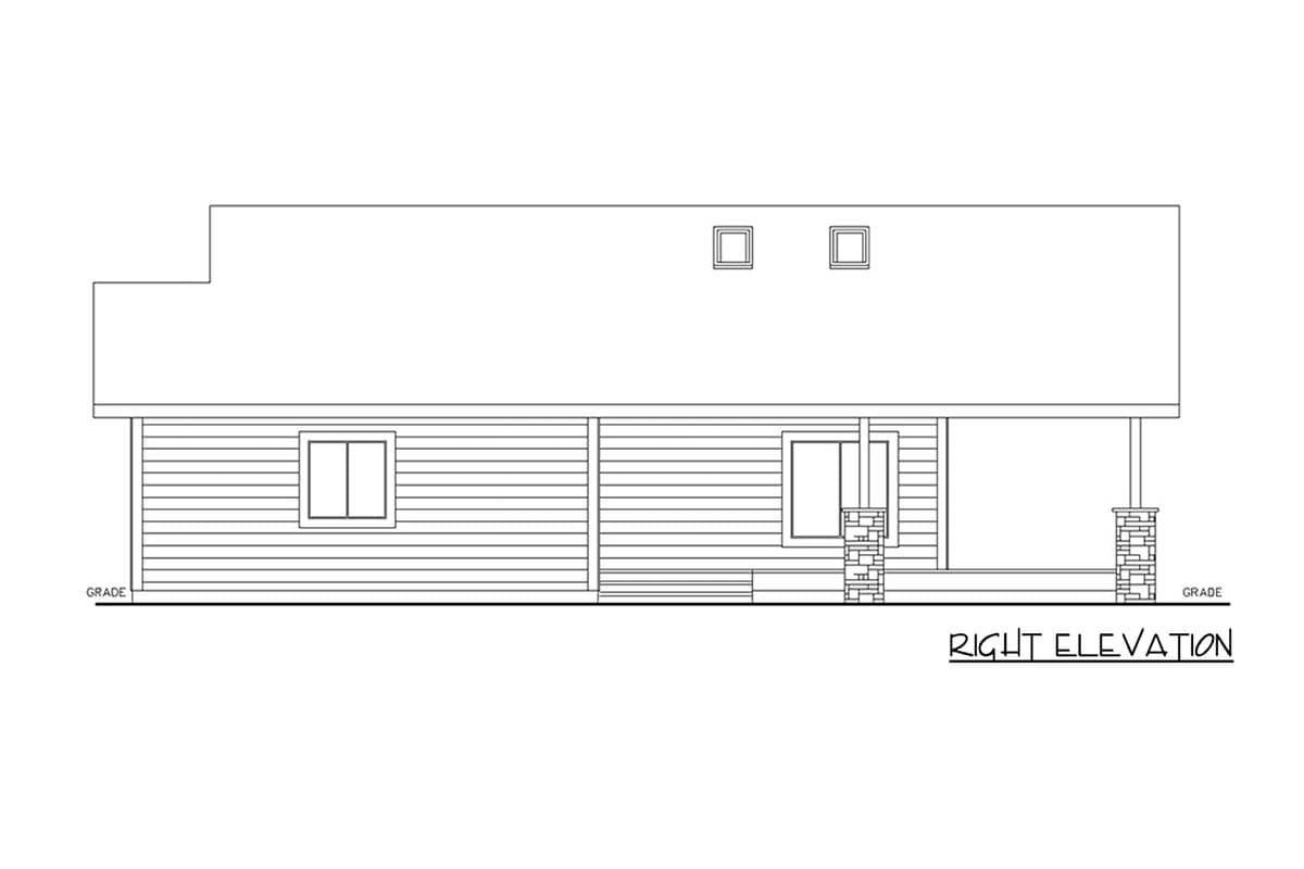 Right elevation drawing of a house plan featuring a stepped roofline, two dormers, horizontal siding, and a porch with stone columns.
