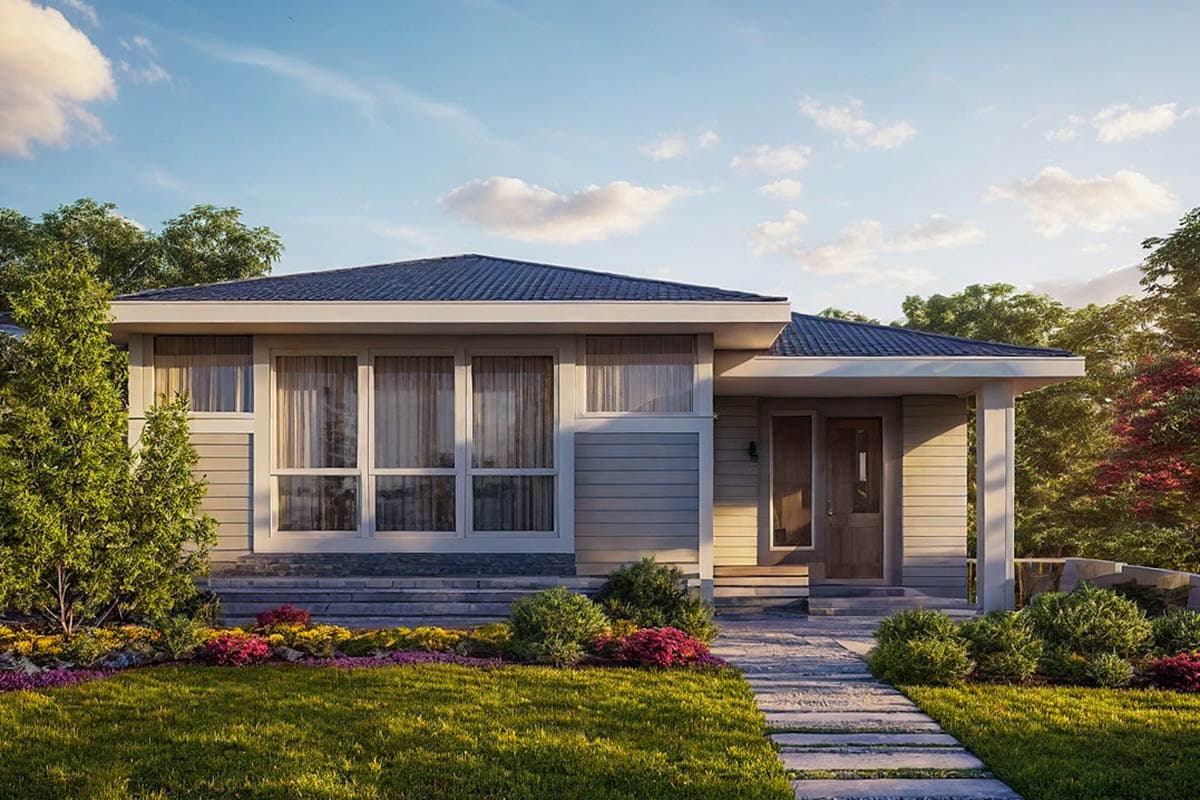 House plan exterior with a flat roof, large windows, and a covered porch. Single-story, horizontal siding, and a walkway leading to the front door.
