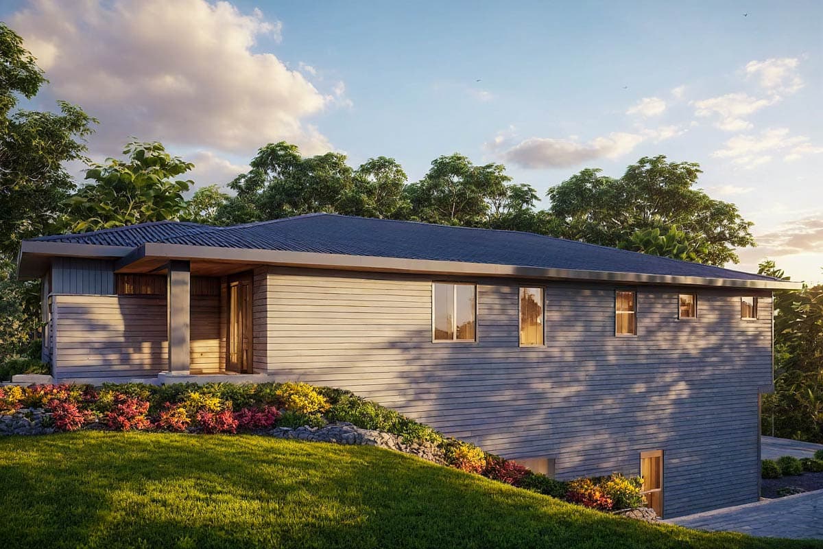 House plan exterior: Single-story modern design with horizontal siding, a covered entryway, and multiple windows. Features a sloping roofline.
