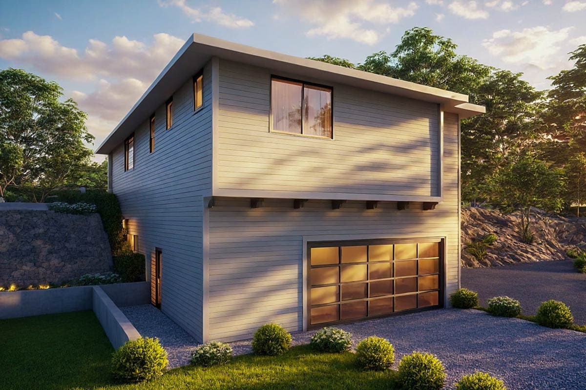 Modern house plan exterior with a flat roof, horizontal siding, and a glass garage door. Two stories visible.