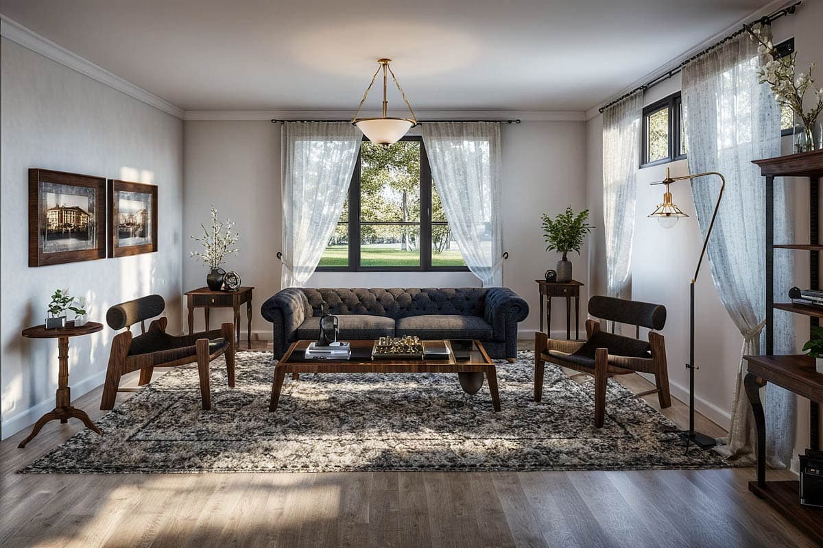 Living room with tufted sofa, patterned rug, two chairs, coffee table, and large window view.
