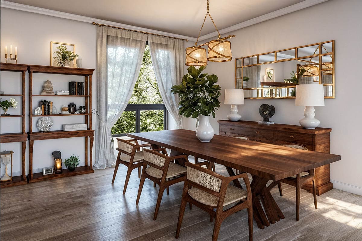 Dining room with wood table, chairs, shelves, and sideboard. Large window with sheer curtains.