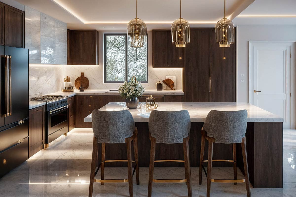 Modern kitchen with dark wood cabinets, marble countertops, island with seating, and pendant lighting.