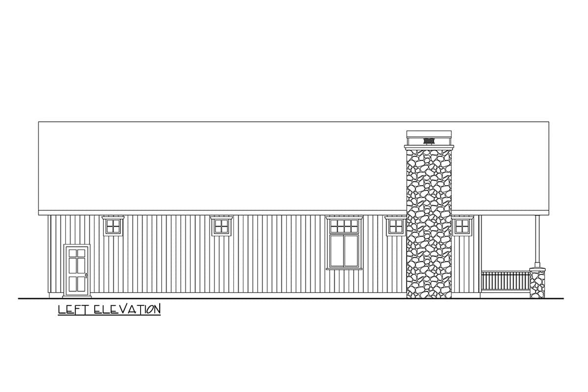 Left elevation house plan showing a single-story structure with vertical siding, a stone chimney, and a covered porch.
