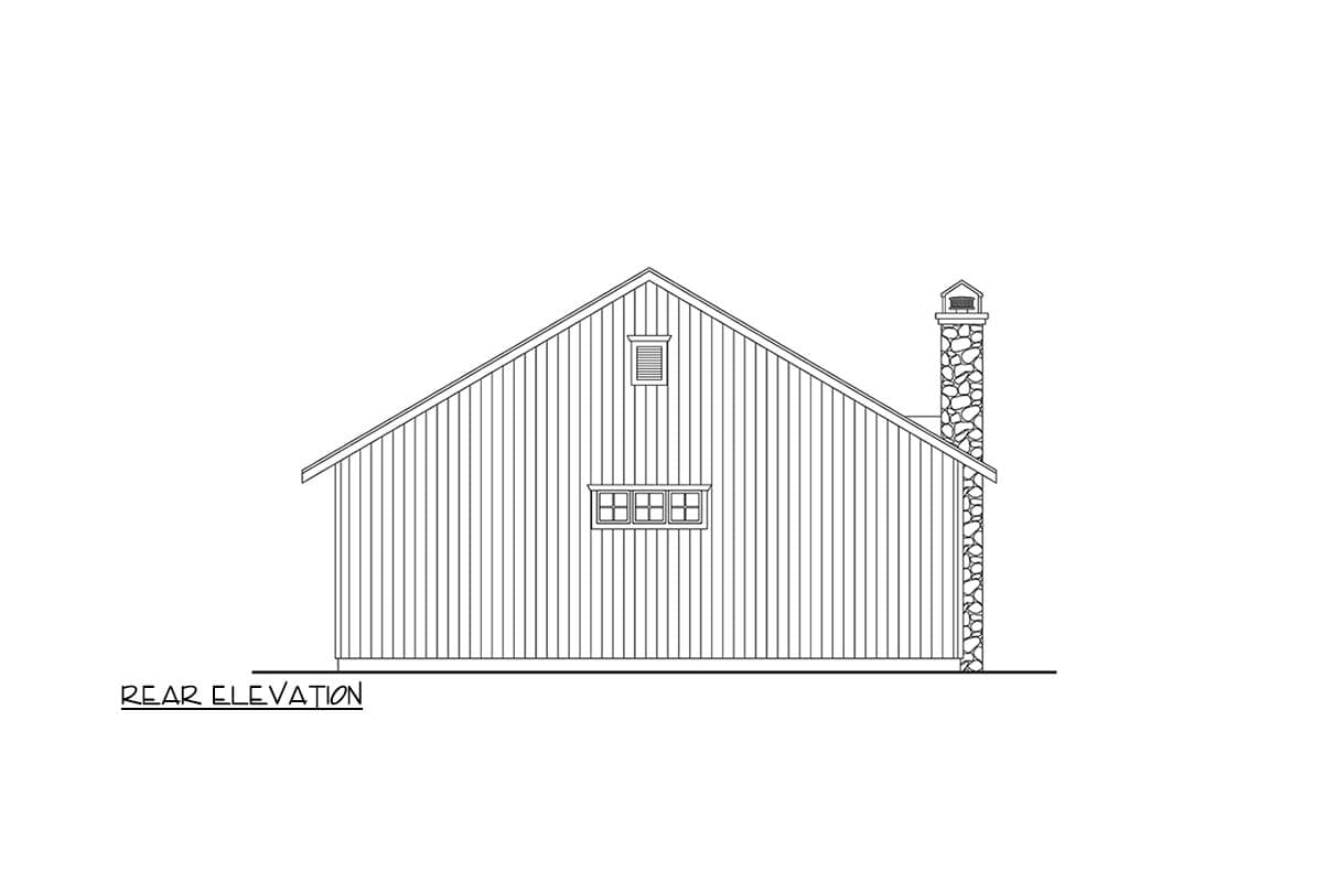 Rear elevation drawing of house plan showing a gable roof, vertical siding, a stone chimney, and two windows.