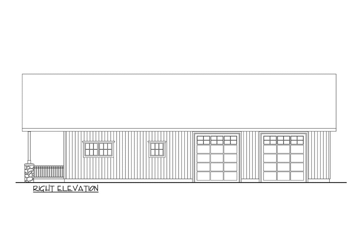 Right elevation of a house plan showing a porch with stone columns, two windows, and two garage doors.