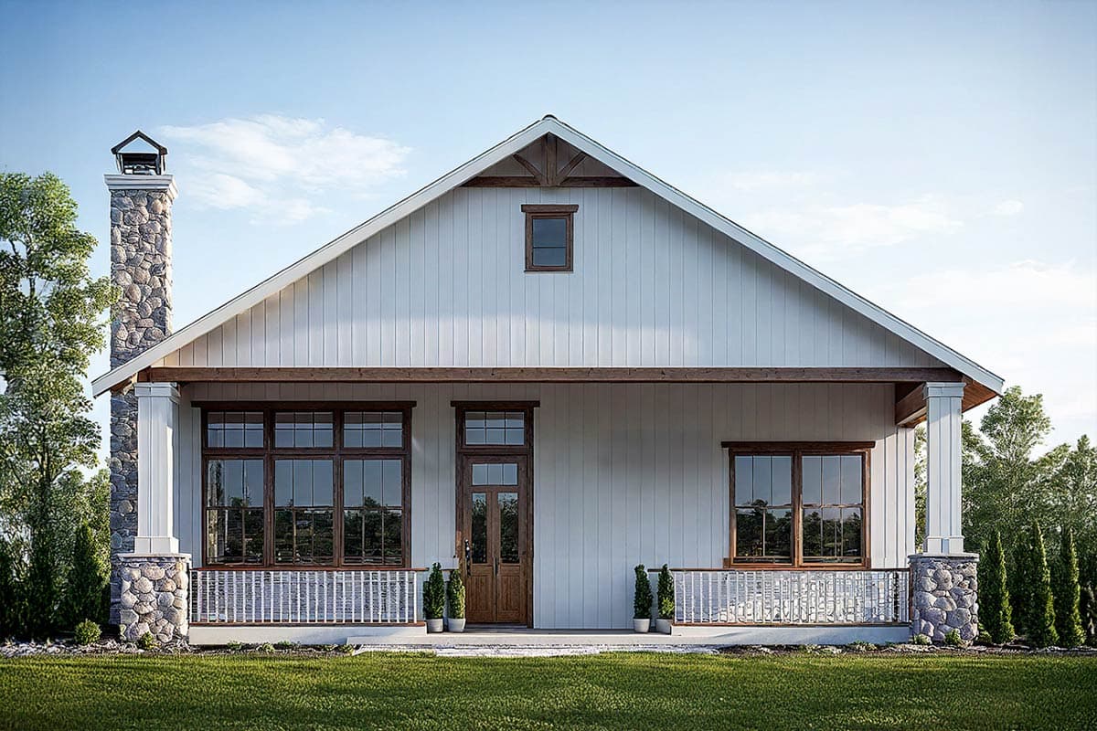House plan exterior. Farmhouse style with a gable roof, covered porch with columns, and stone chimney. Features include multi-pane windows.