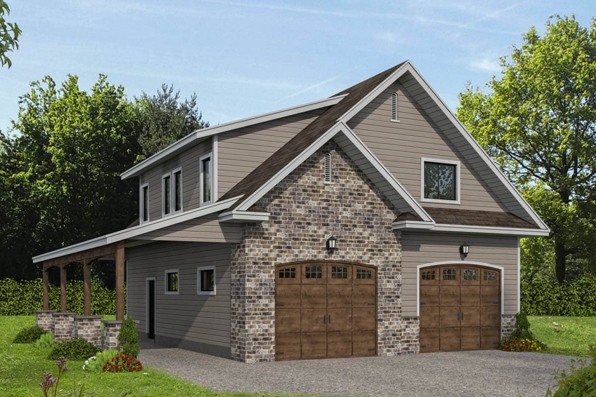 House plan exterior with two-car garage, brick facade, and covered porch. Features a gable roof, dormer, and multiple windows.