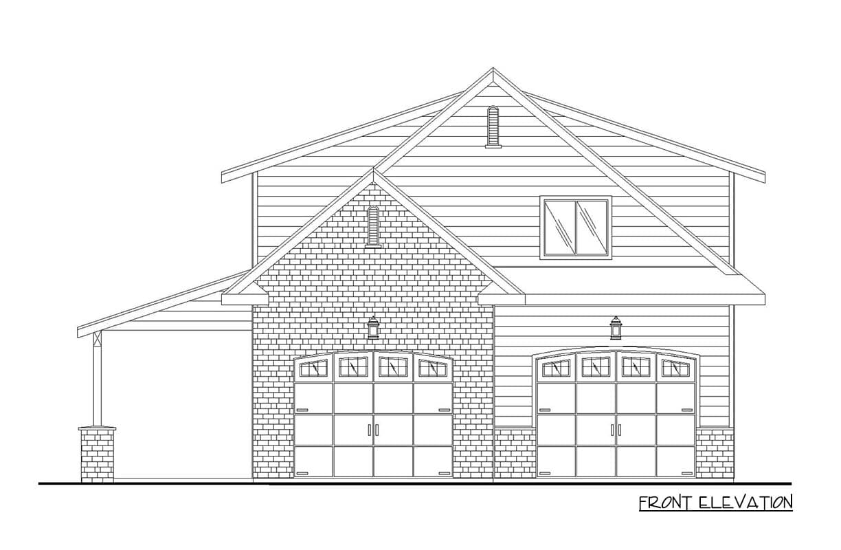 Front elevation house plan showing a two-story structure with a gable roof, two garage doors, and a covered portico.