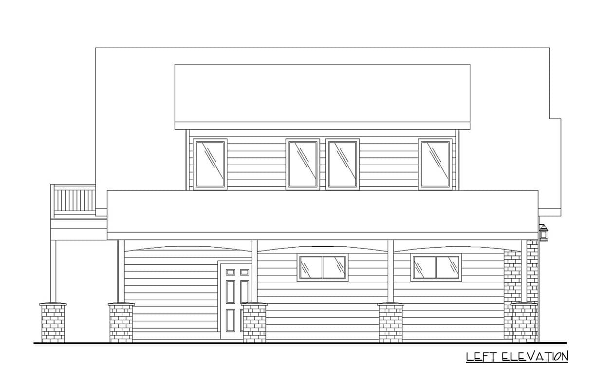 Left elevation house plan showing two stories, siding, porch with brick columns, and multiple windows.
