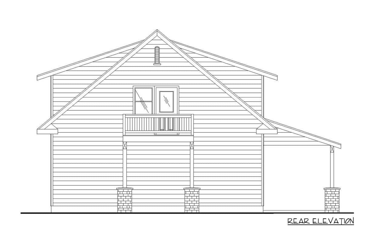 Rear elevation house plan with a prominent gable, balcony, and attached shed roof structure supported by brick columns.