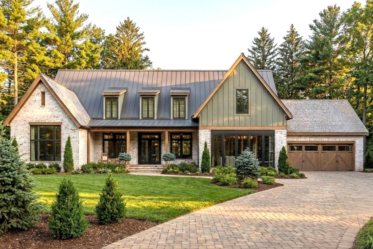 A large, modern farmhouse with a stone and green siding exterior, set against a sunset sky. A well-manicured lawn leads to the front porch.