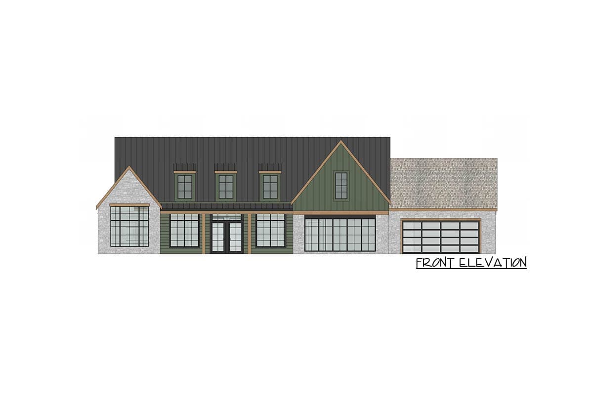Front elevation rendering of a modern house. It has a mix of stone, dark green, and dark gray elements, with large windows and a garage.