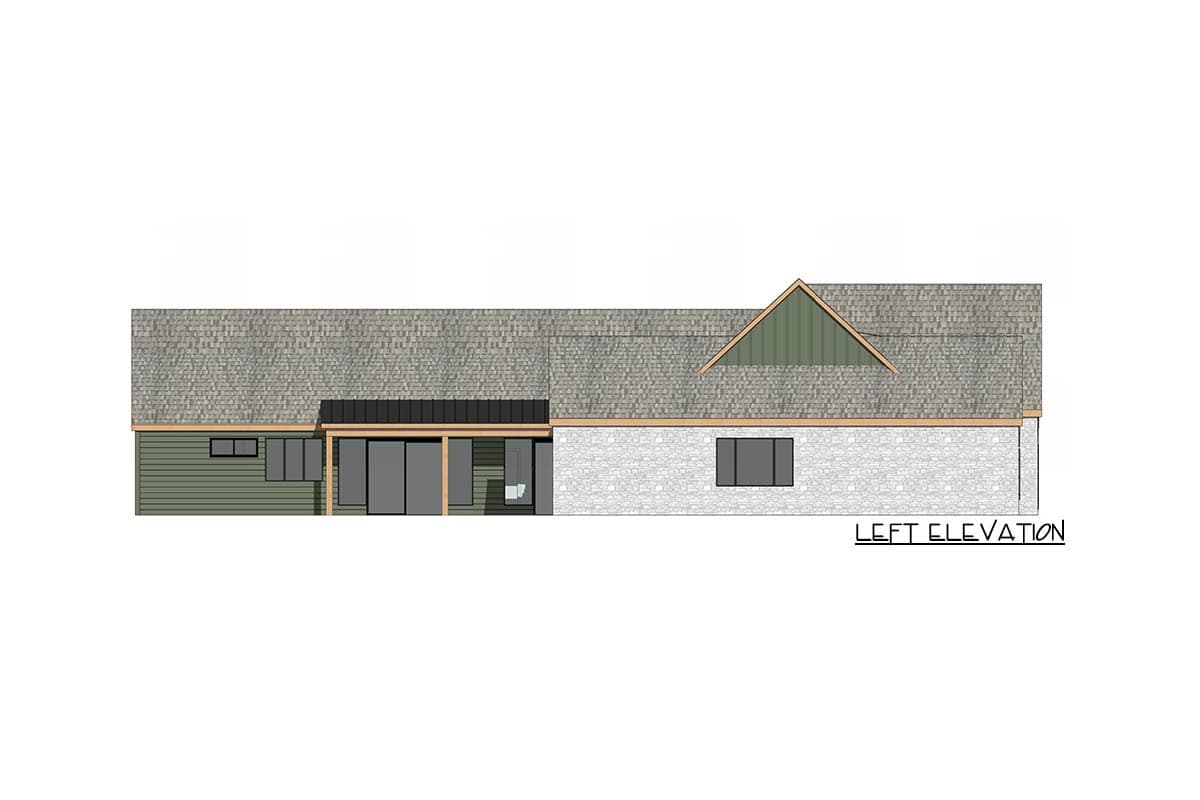 Architectural rendering of a modern home's left elevation, featuring a stone facade and shingled roof. A covered porch and large windows are visible.