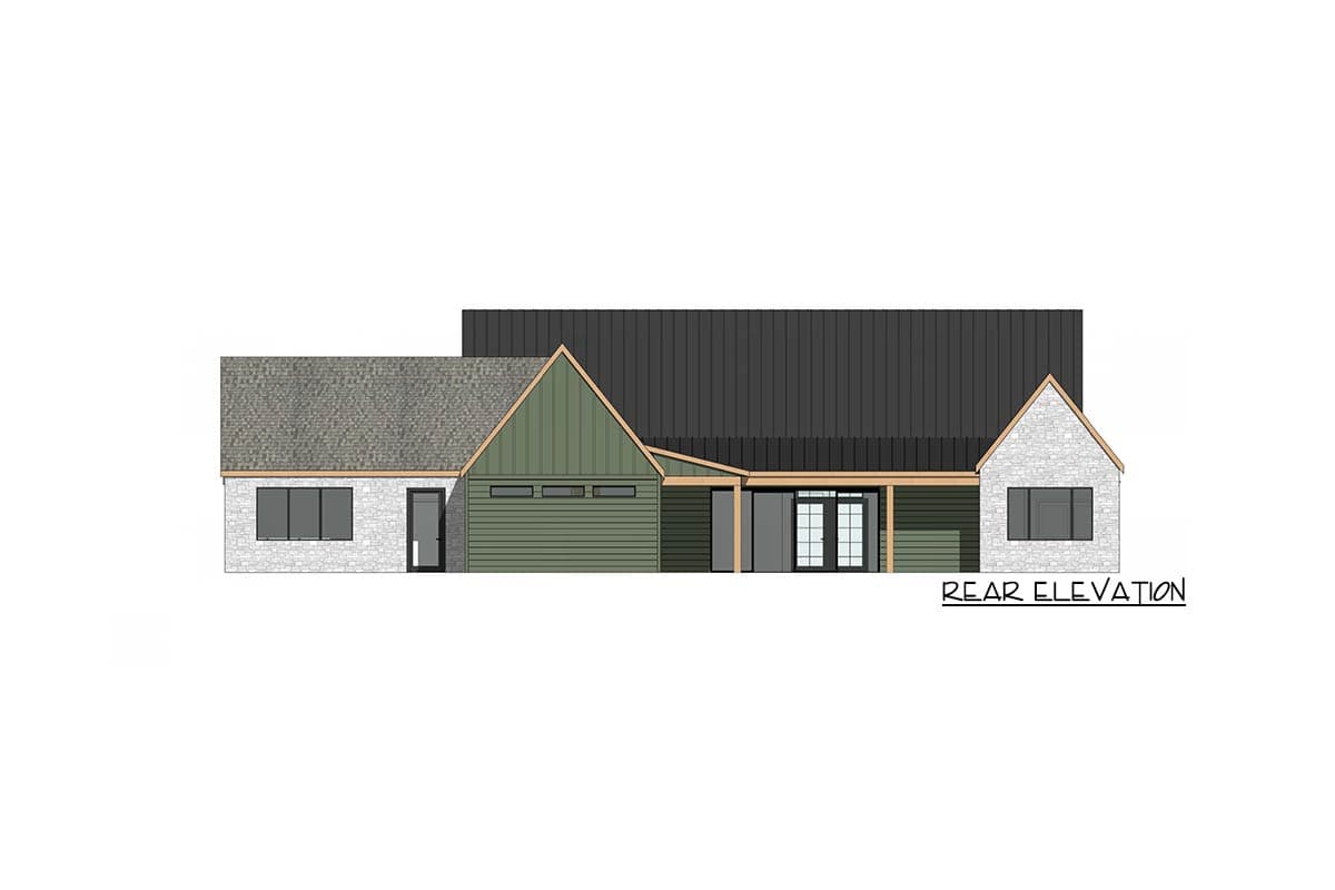 Rear elevation of a modern house design featuring a stone facade, green siding, and a dark metal roof with a double door entry.
