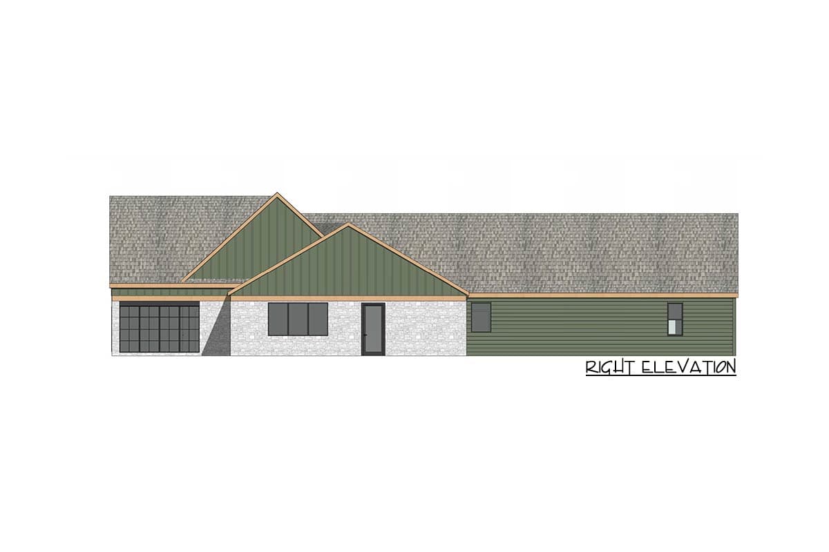 Architectural rendering of a house's right elevation. It features a textured roof, sections of stone and green siding, windows, and a garage.