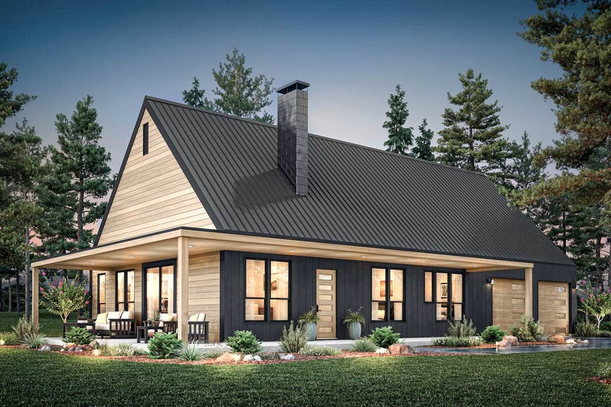 Modern house plan exterior with dark siding, light wood gable end, covered porch, and metal roof.