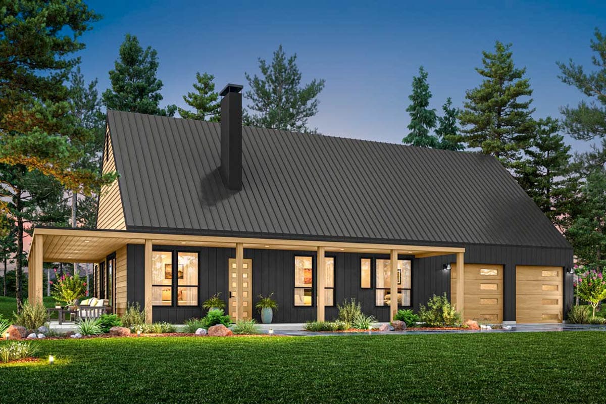 House plan exterior with modern style, one story, and a shed-style roof. Features include a porch, multiple windows, and a garage.