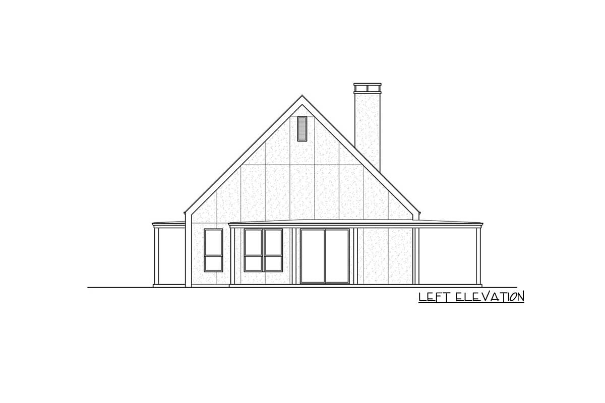 Left elevation of a house plan with a steeply pitched gable roof, prominent chimney, and covered porch with multiple windows.