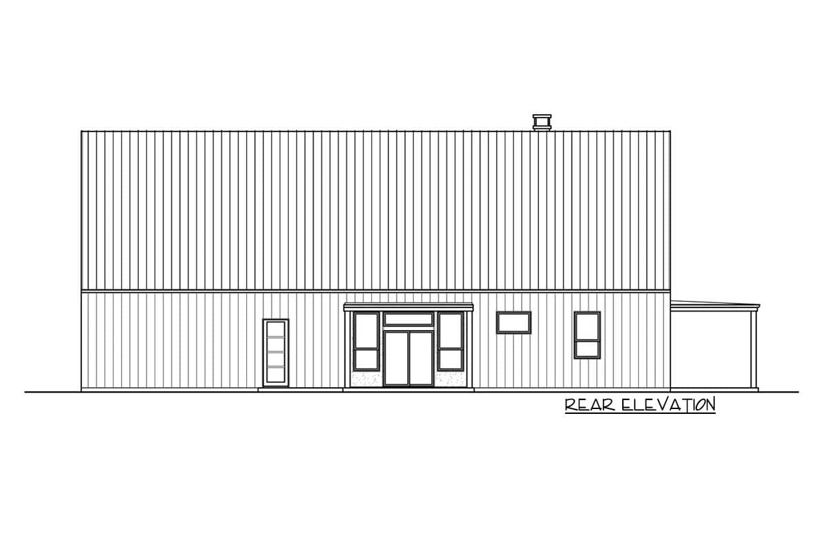 Rear elevation house plan with vertical siding, double entry doors, and two rectangular windows.