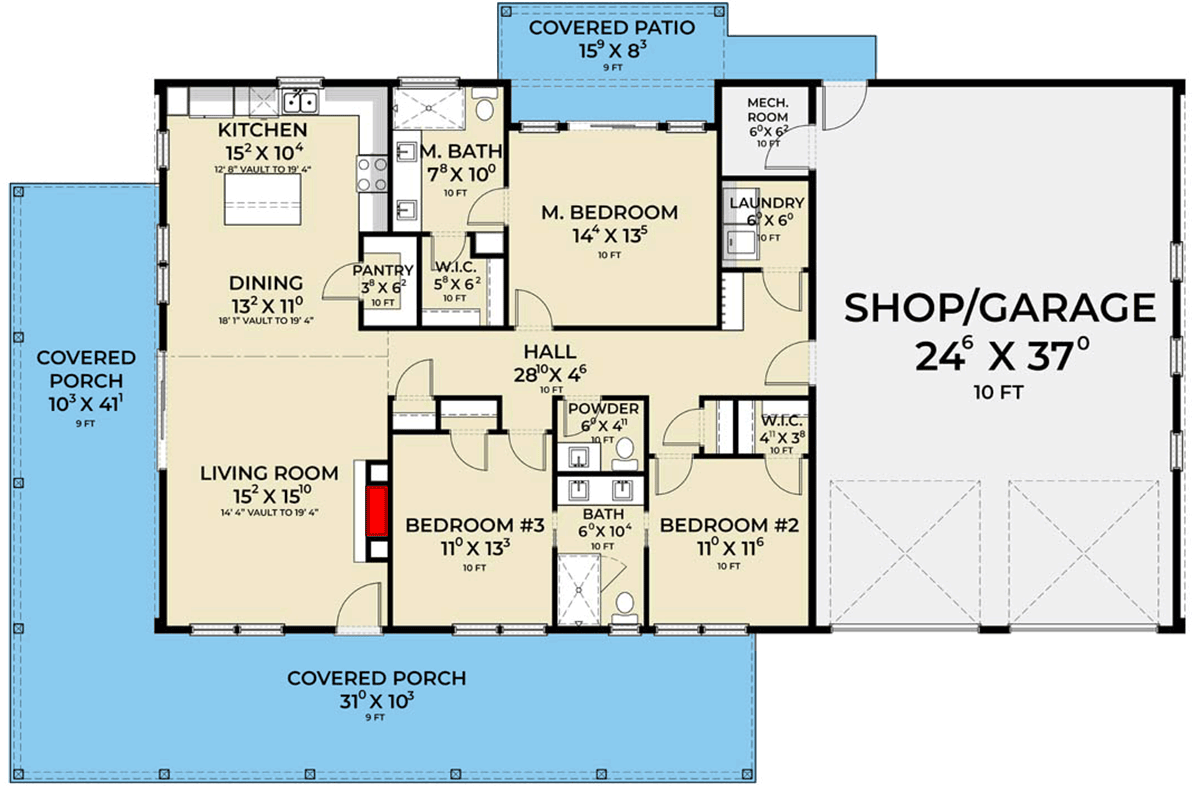 Plan 280233JWD: 3-Bedroom Barndominium Home Plan with Rear Porch and Open Layout  - Floor Plan - Main Level - Barndominium, Country, Scandinavian