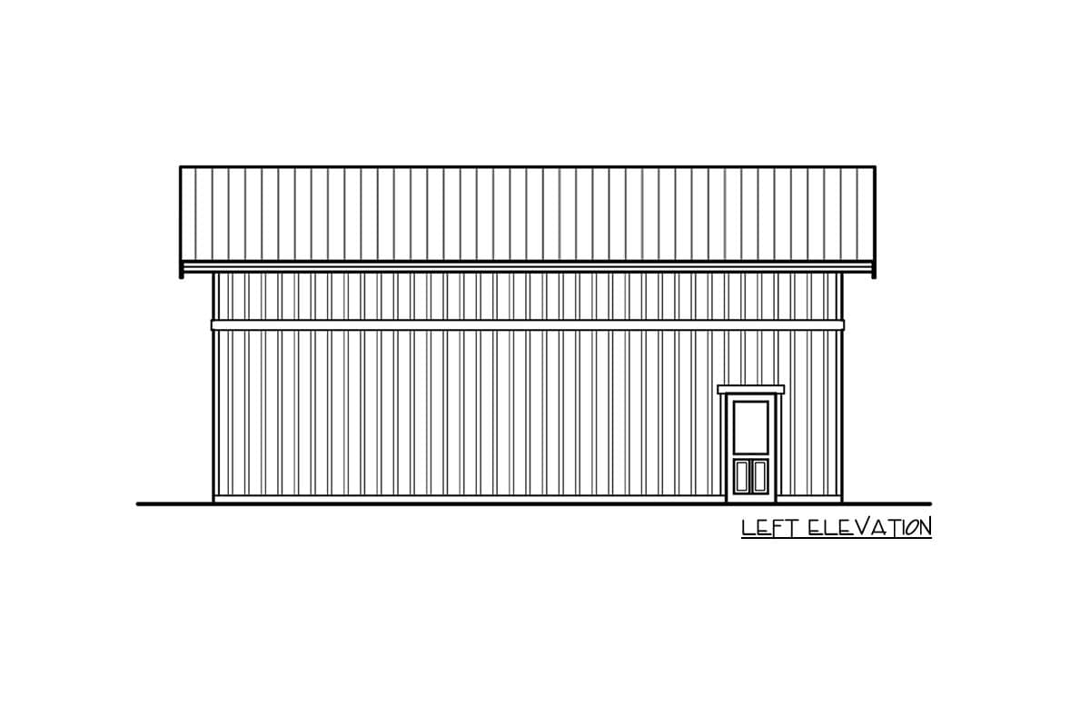 Left elevation drawing of a two-story building with vertical siding and a single door.