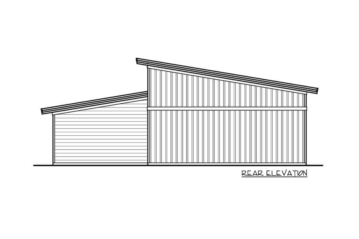 Rear elevation of a house plan featuring a steeply sloped roof and horizontal siding on the left section, vertical siding on the right.