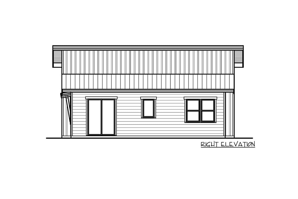 Right elevation drawing of a two-story house plan showing a sliding door, a small window, and a double-hung window.