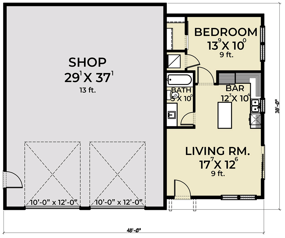 Plan 280234JWD: Compact 1-Bedroom ADU Barndominium Plan with Covered Patio and Workshop Potential - Floor Plan - Main Level - Barndominium, Contemporary, Modern