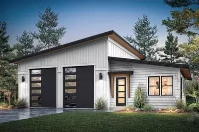Compact 1-Bedroom ADU Barndominium Plan with Covered Patio and Workshop Potential