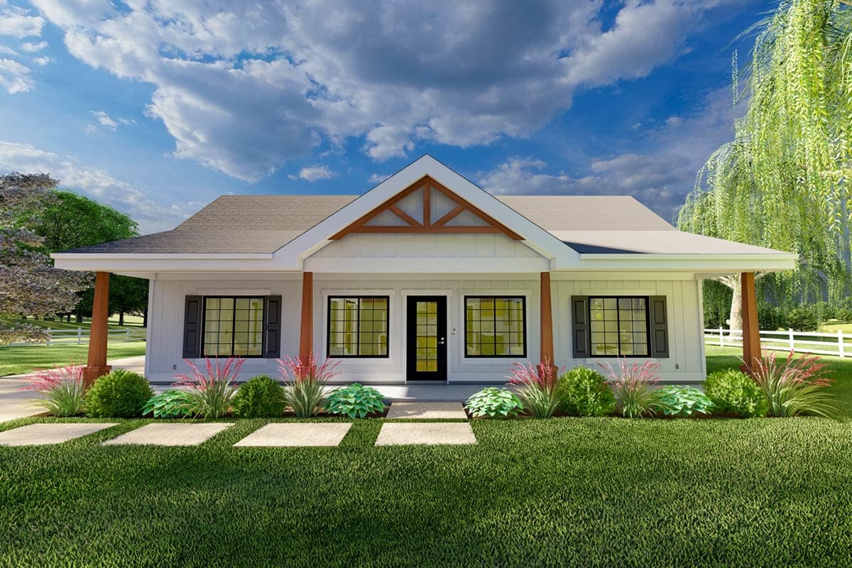House plan exterior: Modern Farmhouse style, one-story, with covered porch, gabled roof with exposed wooden beams, and large grid windows.