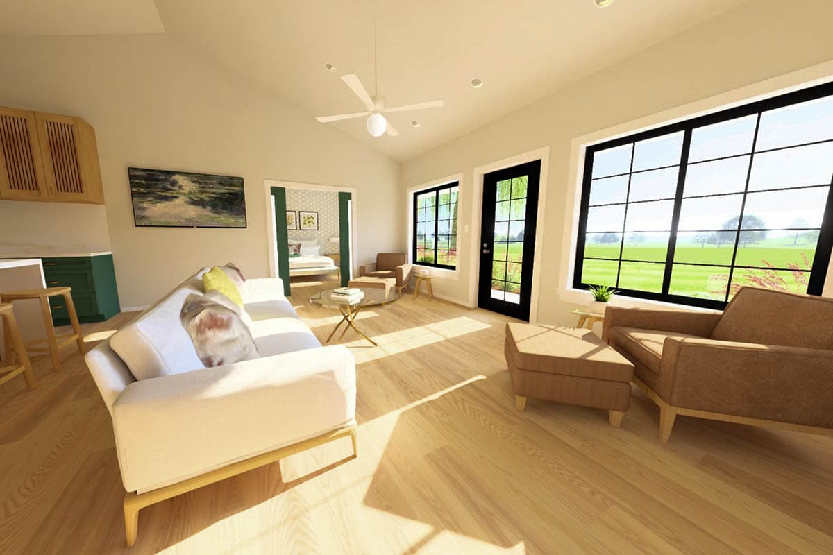 Interior rendering of an open-concept living area with vaulted ceiling, large grid windows, and view into a bedroom.