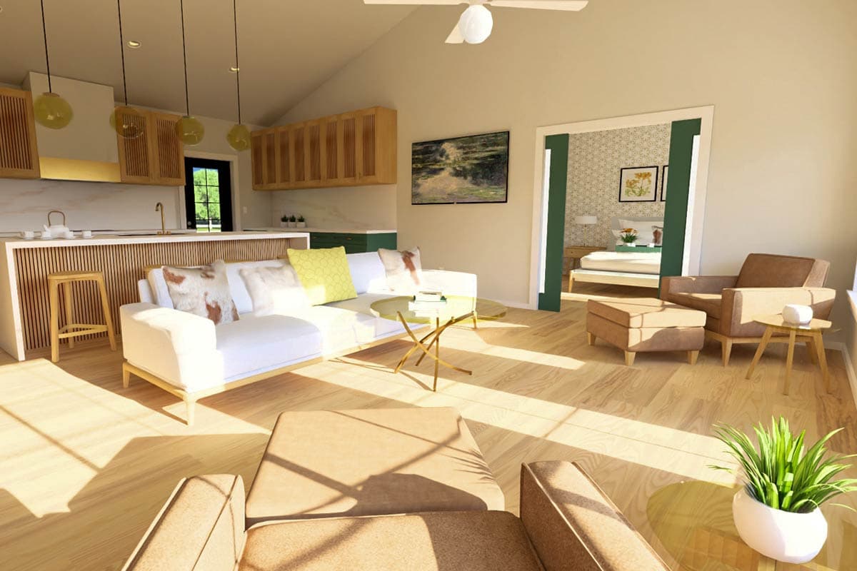 Interior rendering of open concept living area with kitchen, sofa, and view into bedroom. Vaulted ceiling with fan.