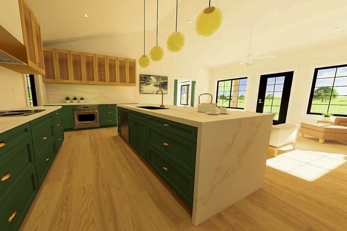 Kitchen with dark green island and cabinetry, light wood floors, vaulted ceiling, and large windows.