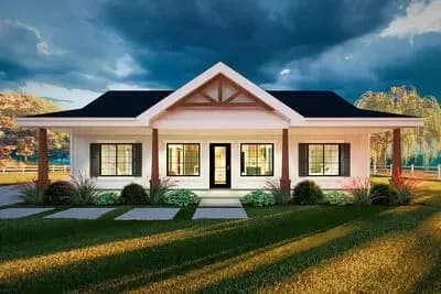 2 Bed Ranch House Plan with Full Length Front Porch - 1188 Sq Ft