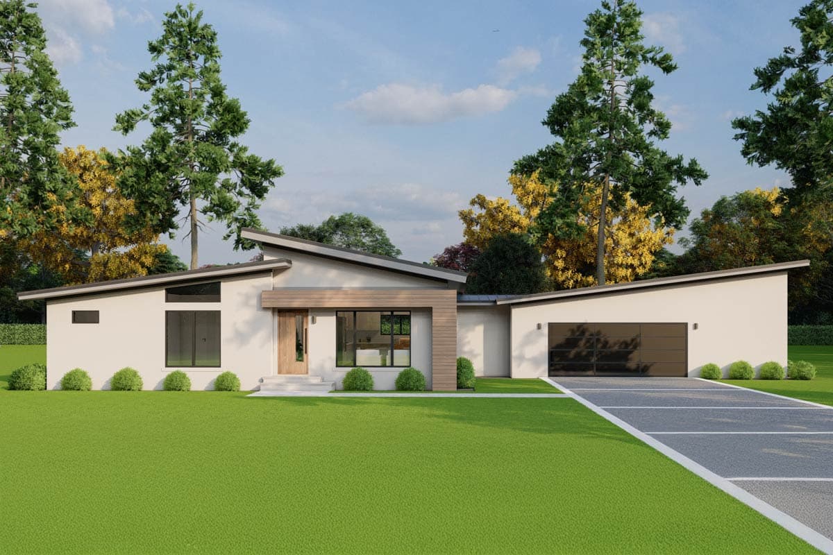 House plan exterior. Modern style with a single story. Features include a sloped roof, floor-to-ceiling windows, and an attached garage.
