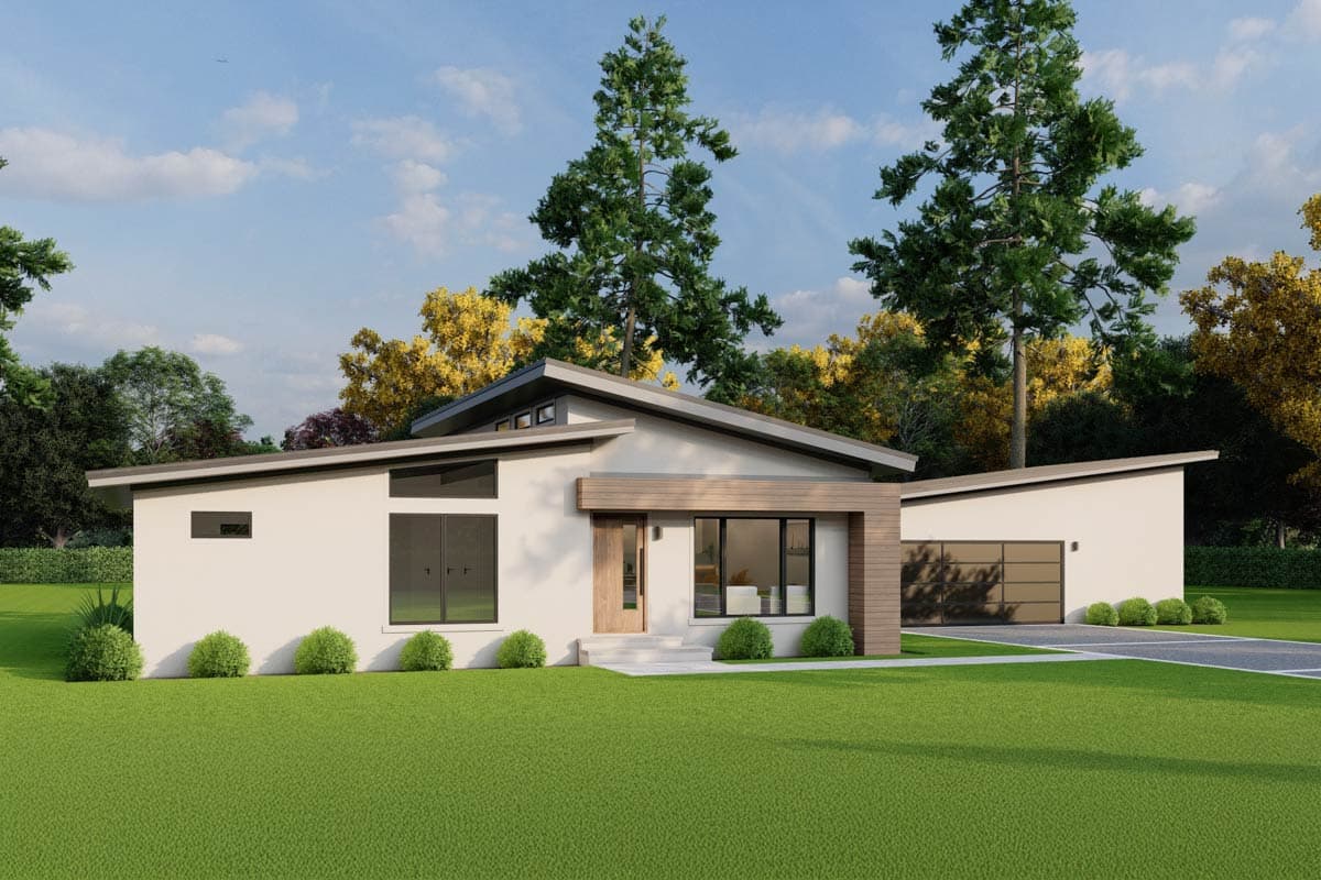 Modern house plan exterior with a low-pitch roof, prominent eaves, and a two-car garage.