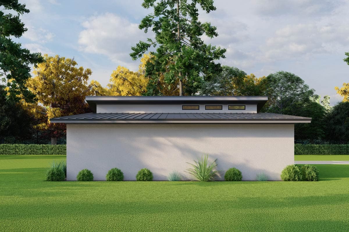 Modern house plan exterior with a flat roofline, stucco walls, and clerestory windows.