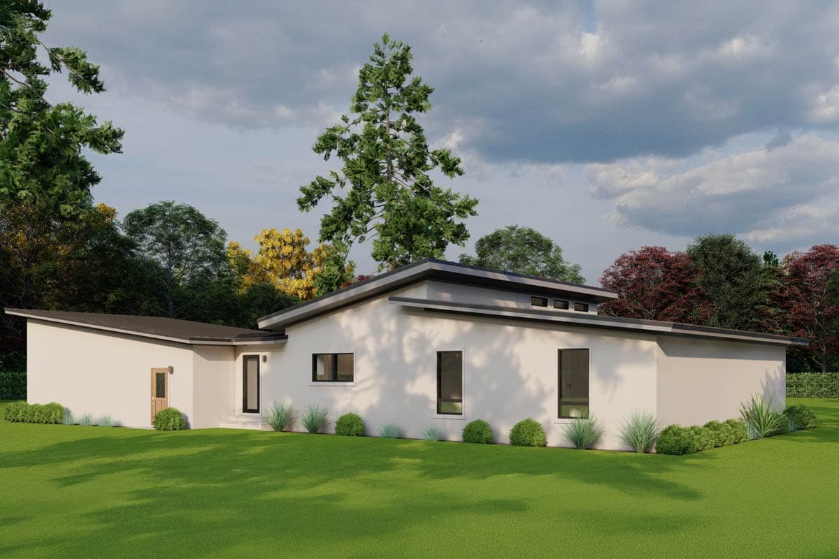 Modern house plan exterior with a low-pitched roof, clerestory windows, and a stucco finish. Single story.