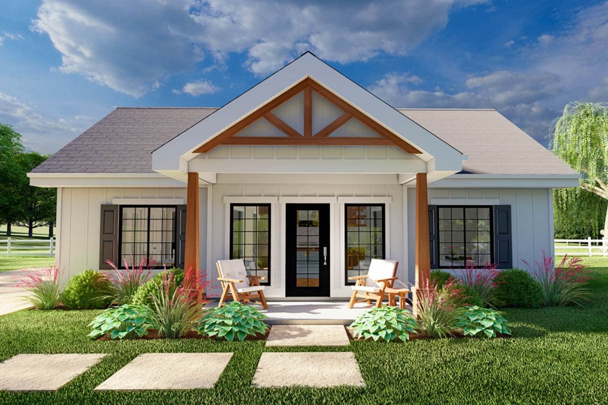 House plan exterior. One-story Modern Farmhouse with a gabled porch, exposed rafter tails, and a front entry with sidelight windows.