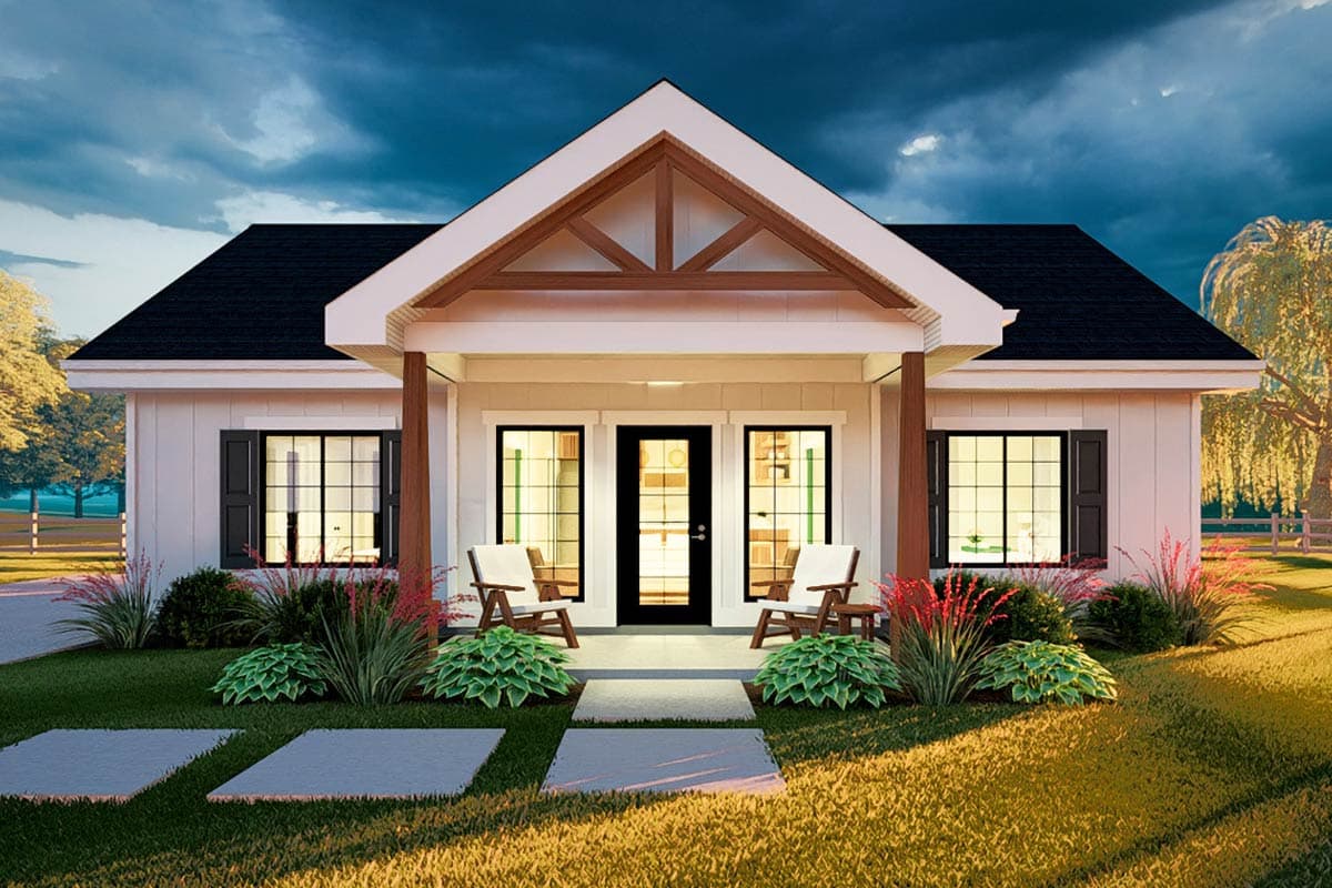 House plan exterior: Modern Farmhouse style, one story, with a covered front porch, visible rafters, and double front doors.